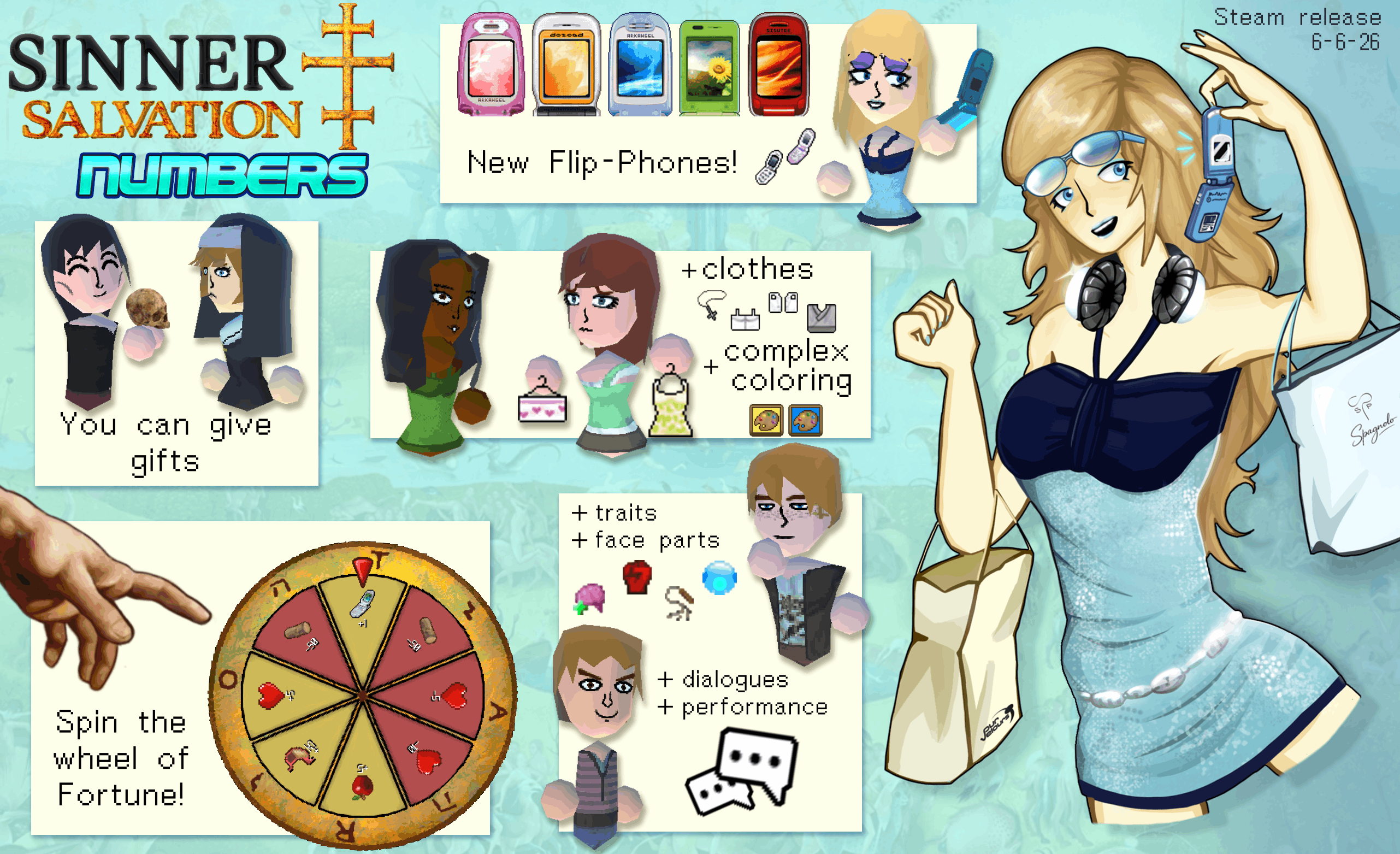 Sinner Maker screenshot showing the character editor and customization menu.